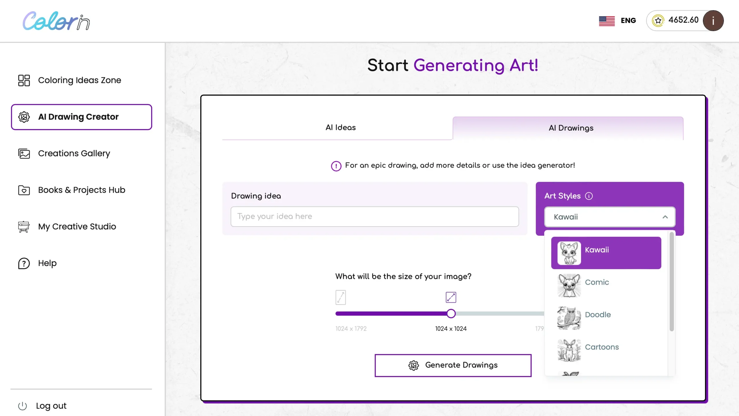 Online coloring book generator interface